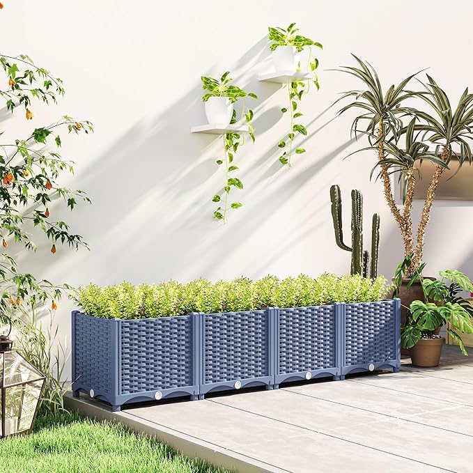 Outsunny 5 x 1 x 1 ft Raised Garden Bed Indoor Outdoor Plastic Planter Box with Drainage Holes Drain Plugs and Water Reservoirs for Vegetables Herbs Flowers &amp Succulents Blue