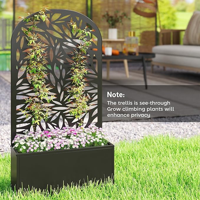 Outsunny Metal Raised Garden Bed with Trellis for Climbing Plants Freestanding or Wall Mounted Flower Bed with Cueved Privacy Panel Leaves Cut-Out Outdoor Planter Box for Garden Patio Balcony