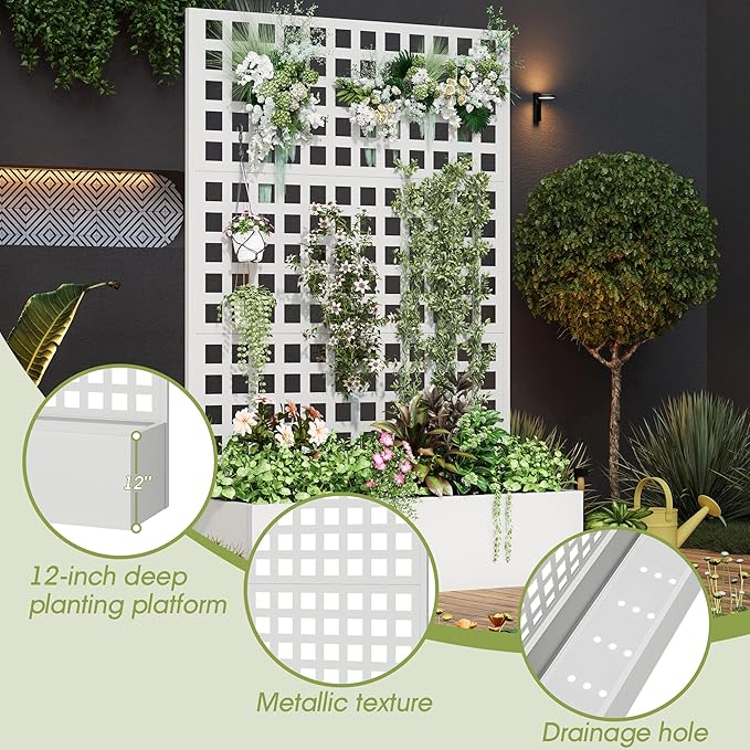 Metal Planter Box with Trellis 71x 47x 16 Raised Garden Bed with Trellis Planter Box Trellis with Privacy Screen and Drainage Holes White