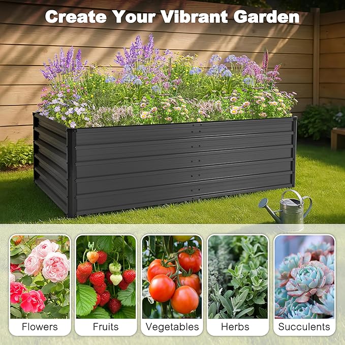 NUU GARDEN 6x3x2ft Rectangular Galvanized Raised Garden Bed for Gardening Elevated Planting Metal Planter Box Outdoor Patio Planting Bed for Vegetables Flowers Herb Dark Gray