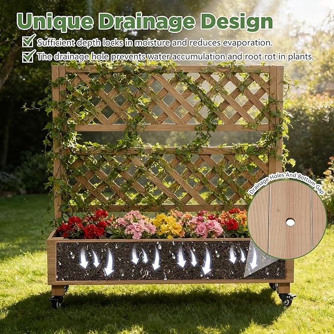 Raised Garden Bed with Wheels Outdoor Large Garden Planter Box Tomato Flower Pots with Standing Diamond Lattice Trellis for Vegetables Vines Herbs Fruits &amp Climbing Plants (Grid Upright Trellis)