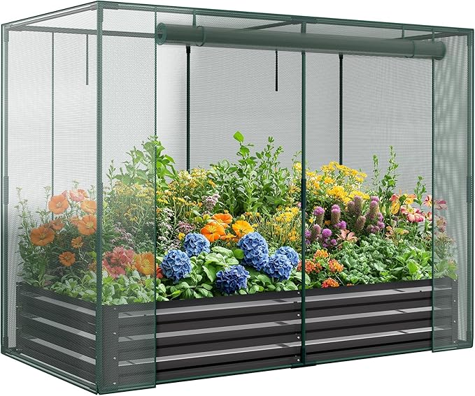 Galvanized Raised Garden Bed with Crop Cage Plant Protection Net Tent Kit for Garden Plant 71x35.4x 59 Plants Protection Tent Cage Metal Planter Box Bottomless Planting Vegetables Outdoor