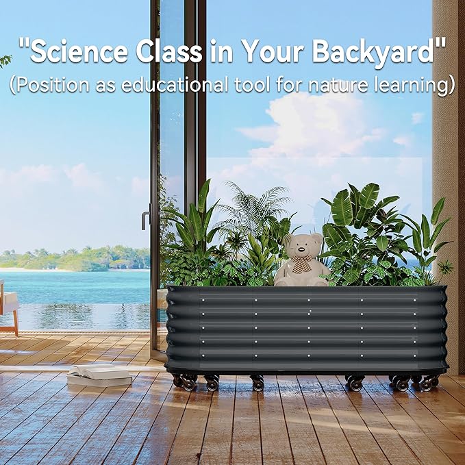 Mobile Large Raised Garden Bed with Water Reservoirs – Rustproof Galvanized Planter Cart with Wave Panels &amp Lock Wheel for Patio/Indoor Herbs(Gray)
