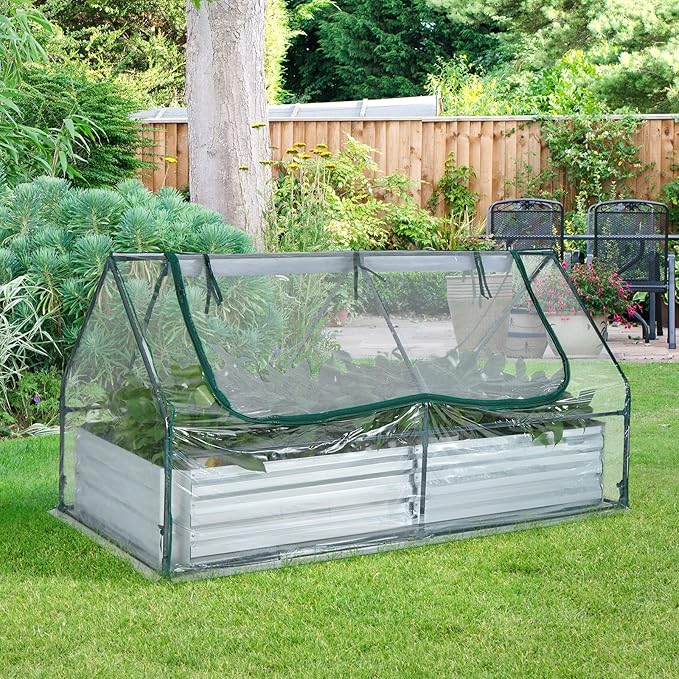 Giantex Galvanized Steel Raised Garden Bed with Mini Greenhouse Outdoor Metal Planter Box Kit with Large Roll-up PVC Cover 71x 35.5x 36 Planter Raised Bed for Growing Flower Herb Vegetable Fruit