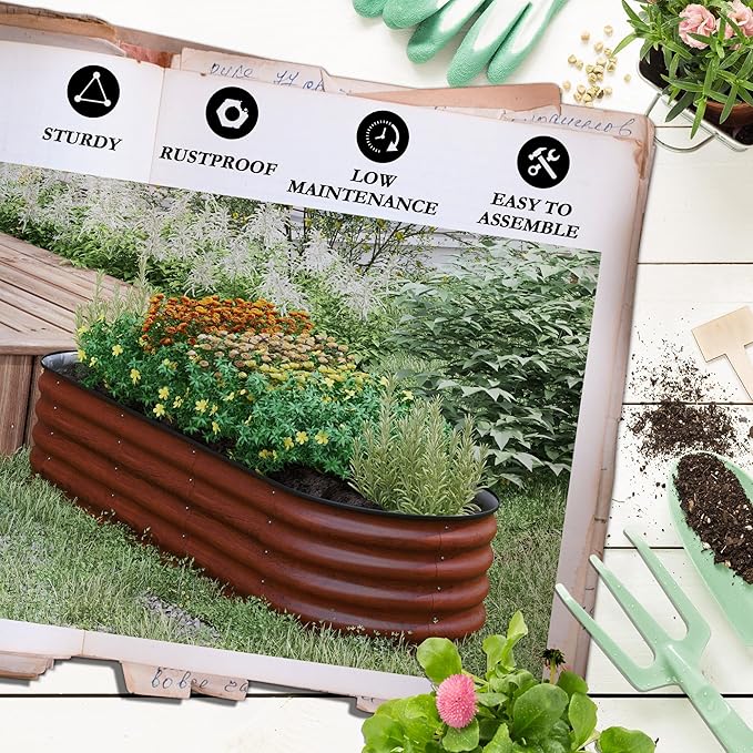 Outsunny 6.5' x 2' x 1.4' Galvanized Raised Garden Bed Kit Outdoor Metal Elevated Planter Box with Safety Edging Easy DIY Stock Tank for Growing Flowers Herbs &amp Vegetables Brown