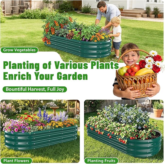 Oval Raised Garden Bed 5 x 2 x 1FT Galvanized Steel Planter Box with Wave-Shaped Metal Panels Painted for Outdoor FlowerTreeHerb &amp Vegetable Garden (Green 60X24X12 inches)