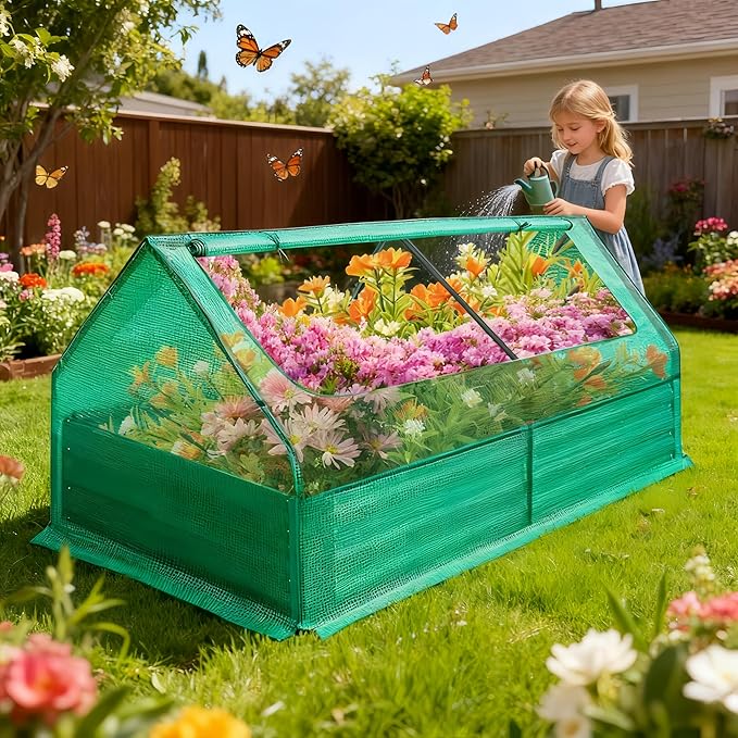 3-in-1 Raised Garden Bed Kit with Portable Mini Greenhouse 6x3x1 FT Galvanized Metal Planter Box with 2 Roll-Up Zipper Windows Small Greenhouse Gardening Set for Vegetables Herb Garden Flowers