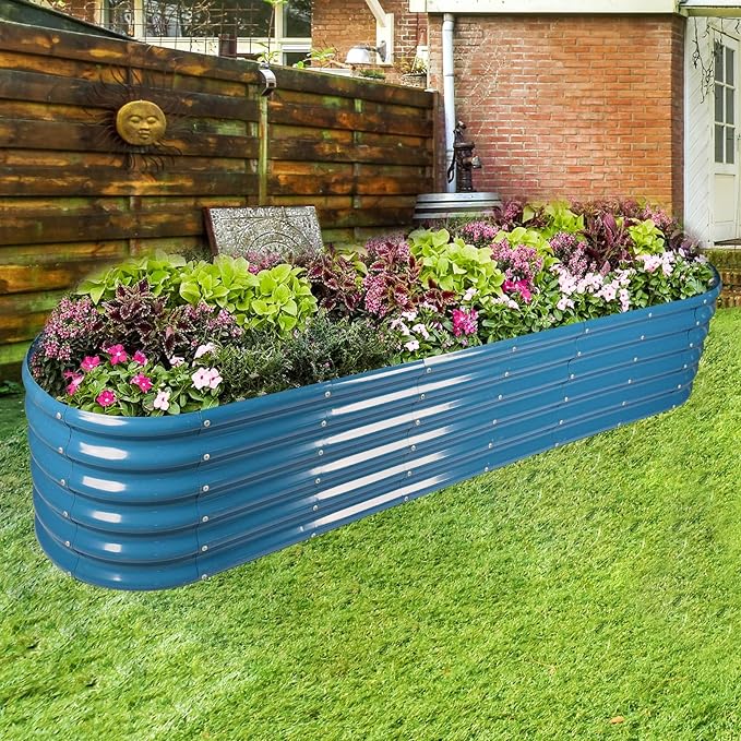 Land Guard 8×2×1.5ft Galvanized Raised Garden Bed Kit Raised Garden Boxes Outdoor Oval Metal Raised Garden Beds for Vegetables Blue