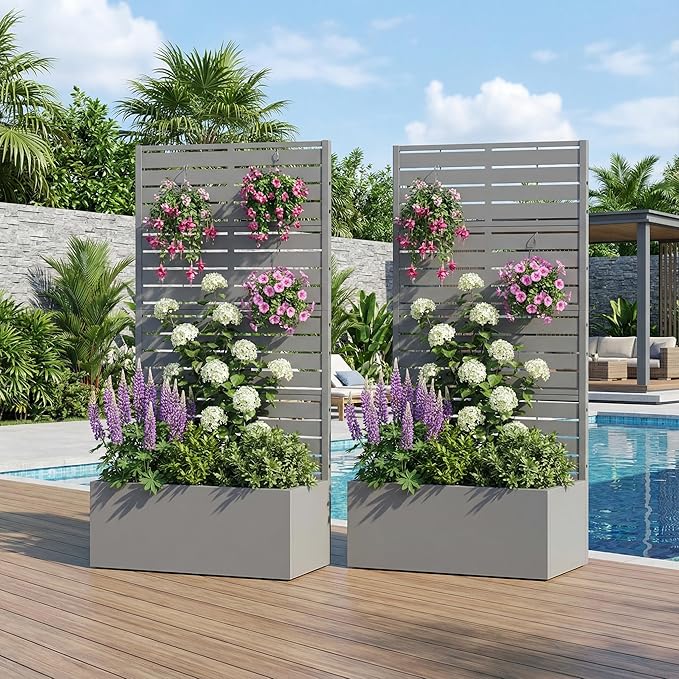 Casaphoria 60x30 Metal Raised Garden Bed with Trellis(2 Pack) Outdoor Planter Box with Wheels &amp Drainage Holes for Climbing Plants Flowers Elevated Garden Kit with Privacy Screen Grey-Louver