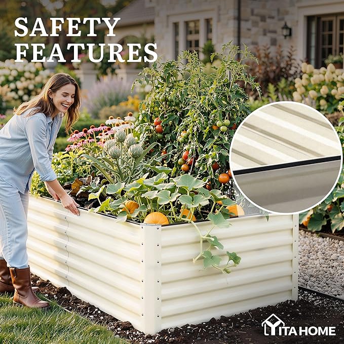 YITAHOME 8x4x2ft Large Raised Garden Bed Kit Galvanized Metal Planter Box with Gloves Support Rod &amp Safety Rubber Outdoor Above Ground Planters for Plants Vegetables Flowers Cream Yellow