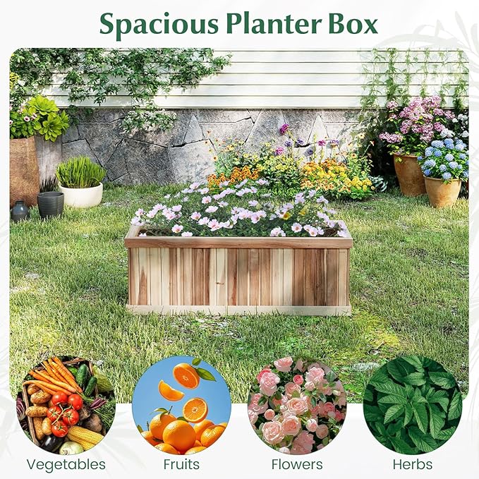 Wood Raised Garden Bed Rectangular Planter Box with Liner &amp Drainage Easy Assembly for Growing Vegetable Flower Herb Fruit Outdoor Planting Bed for Backyard Garden (2 36” x 12” x 12”)