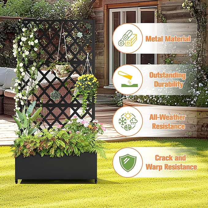 Metal Raised Garden Bed with Diamond Lattice Trellis Outdoor Planter Box for Climbing Plants Vegetables Vines Galvanized Garden Box with Drainage Holes and Wheels Black (35.4L x 16.7W x 73.2H)