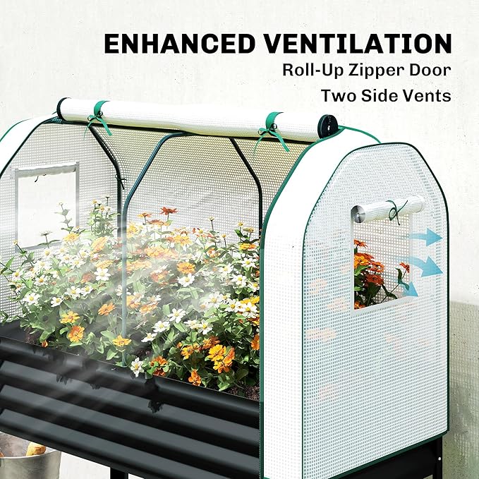 Outsunny Galvanised Raised Garden Bed with Greenhouse Cover Metal Elevated Garden Bed with Legs Bed Liner and Bottom Shelf Outdoor Raised Planter Box for Vegetables Herbs Flowers Black