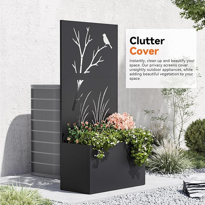 Modern Shade Metal Planter Box with Trellis Privacy Screen 4x6 FT Large Raised Garden Bed Multi-Functional Privacy Screen Outdoor with Drainage Holes for Climbing Plants Perch Meadow
