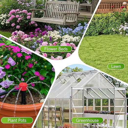 Snowtaros 50FT 1/2 Drip Irrigation Tubing with 4 Packs 4-Way Quick Coupler Push-to-Connect Fittings for Garden Watering System for Raised Beds Garden Greenhouse Lawn