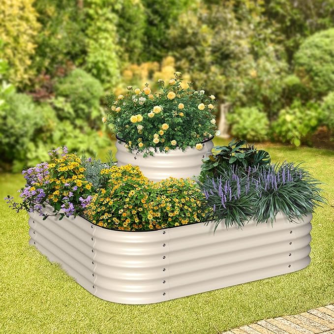 Olle 4-Style Modular Galvanized Raised Garden Beds Outdoor Easy Quick Setup 17 Tall 4-in-1 Metal Planter Boxes Outdoor for Flowers Vegetables Fruits Herbs DIY Gardening Ivory