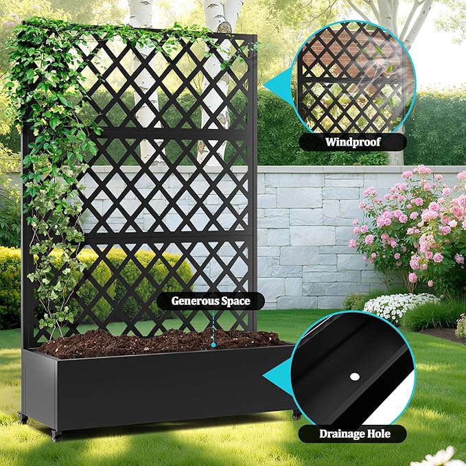 Metal Planter Box with Trellis Planter Box with Privacy Screen Privacy Trellis Outdoor for Climbing Plants with Drainage Holes Raised Garden Bed with Wheels