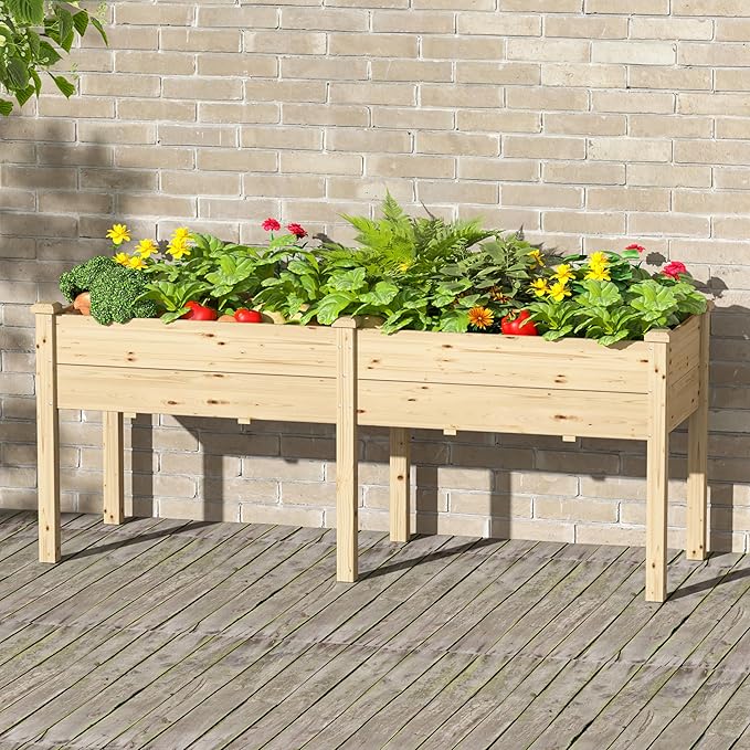 BlueWish 72''L x 23''W x 30''H Outdoor Cedar Garden Bed Raised Garden Bed with 8 Drainage Holes &amp 6 Legs Elevated Planter Boxes for Gardening Vegetable Flower 661lbs Capacity Natural