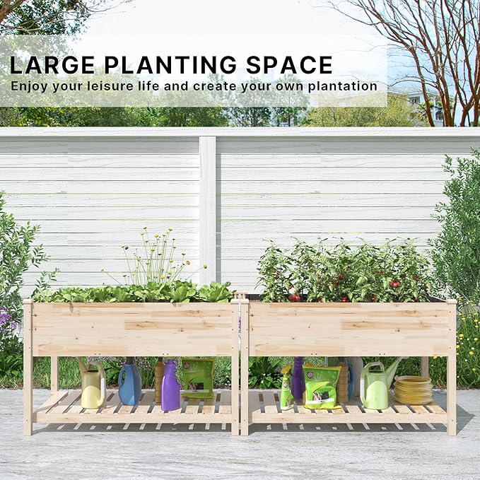 Gotland 2pcs Raised Garden Bed with Legs Raised Beds for Gardening with Storage Shelf Bed Liner Drainage Holes Wooden Planter Raised Beds Raised Planter Box Backyard Patio Balcony Natural