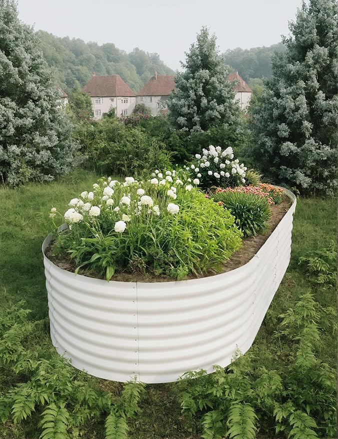 GarveeLife Galvanized Raised Garden Bed Outdoor 2 Pcs 8x4x2 ft Oval Metal Planter Box for Flowers Vegetables Herbs- Beige