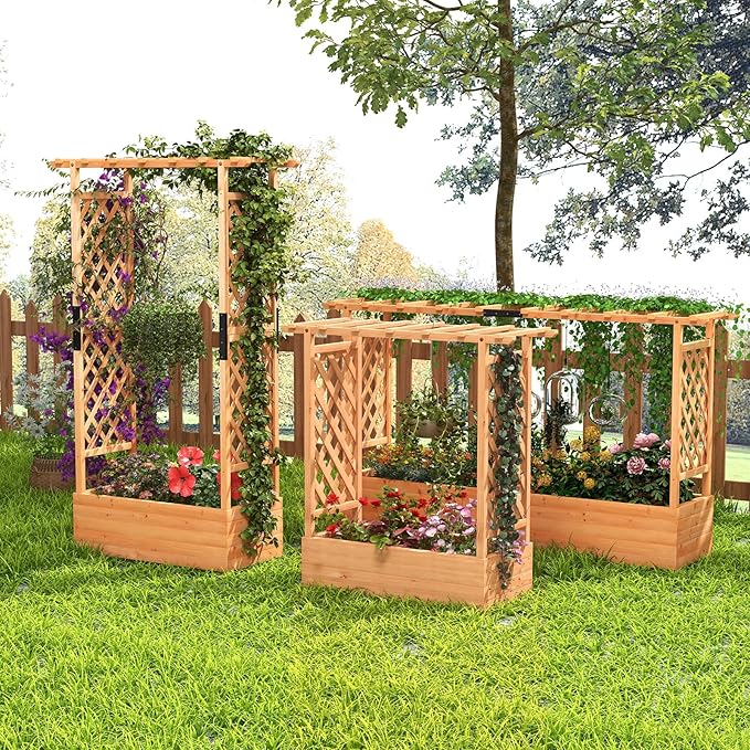 ORALNER Raised Garden Bed with Trellis Wooden Planter Box with Climbing Frame Outdoor Elevated Garden Box for Vegetables Herbs Flowers Fruits (Large)