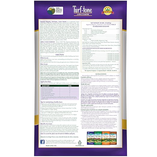 Turf-Tone Lawn Starter Natural &amp Organic Starter Fertilizer. with Long Lasting Nitrogen Phosphorus and Our Bio-Tone Formula. 30 lb. Bag Covers up to 3000 Sq. Ft.