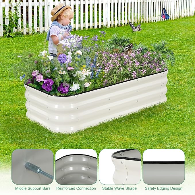 1MORE Raised Garden Bed - 4X2X1 Galvanized Planter Box for Outdoor Gardening and Planting Ideal for Vegetables and Plants.White-1Pcak