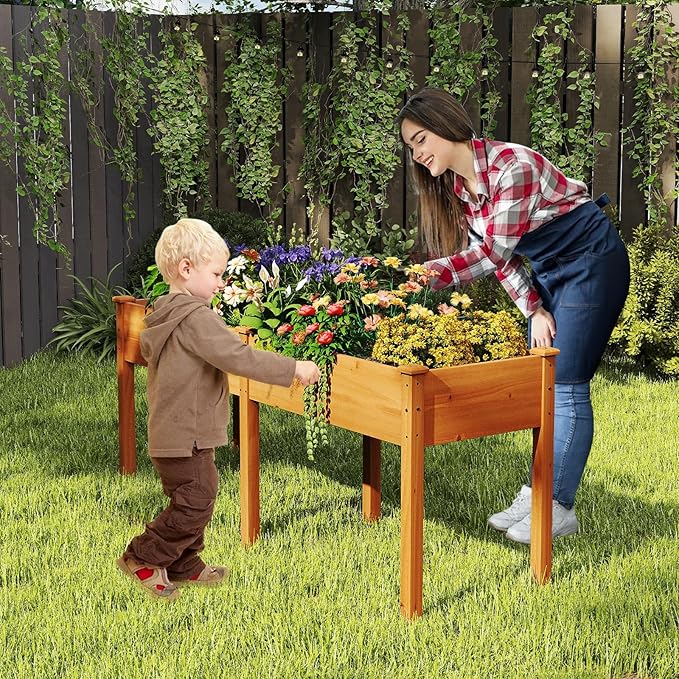 Raised Garden Bed with Legs Elevated Planter Box with Divider &amp 8 Drainage Holes Fir Wood Garden Box for Vegetables Flowers Fruits &amp Herbs (Brown Yellow)