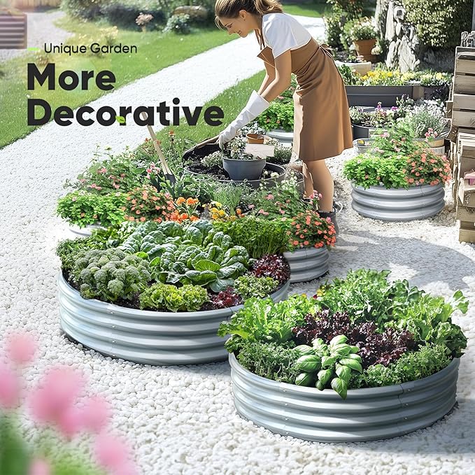 KING BIRD Raised Garden Bed Galvanized Round Planter Box Outdoor for Gardening Plants Vegetables Flowers Silver 24x24x12 in 2 Packs