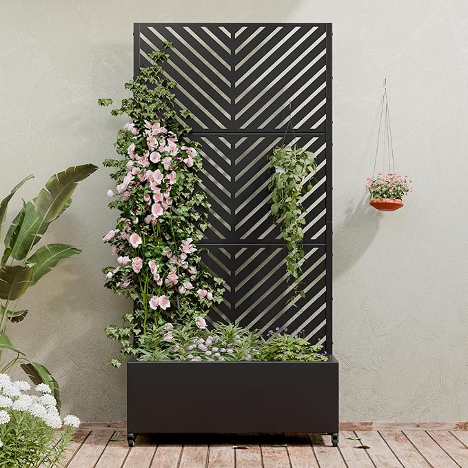 Casaphoria Metal Raised Garden Bed with Trellis and Wheels 72x35x16 Planter Box for Climbing Plants Vegetables &amp Vines Features Drainage Holes and Privacy Screen Black-Parallel