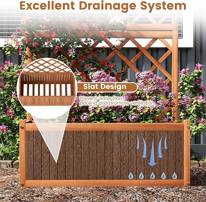 HAPPYGRILL Wooden Raised Garden Bed with Trellis 63 Tall Planter Box with Trellis &amp Slat Bottom Base Vine Climbing Plants Flowers Outdoor Freestanding Garden Box for Backyard Balcony (1)