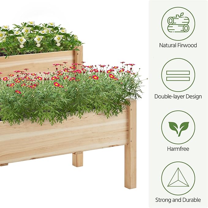 Yaheetech 47x41x30in Wooden Raised Garden Bed Horticulture Outdoor 2 Tiers Elevated Planter Grow Box for Herb with Legs &amp Drainage Holes