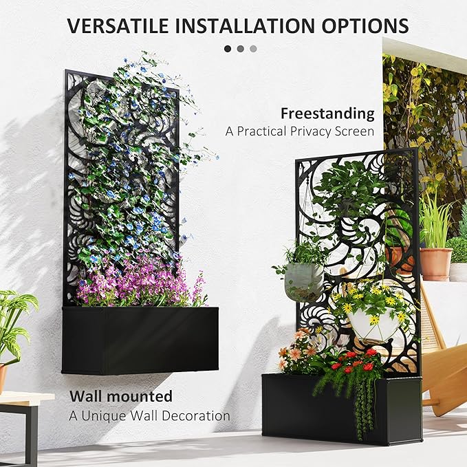 Outsunny Metal Raised Garden Bed with Trellis for Climbing Plants Freestanding or Wall Mounted Flower Bed with Privacy Panel Snail Cut-Outs Outdoor Planter Box for Garden Patio Balcony