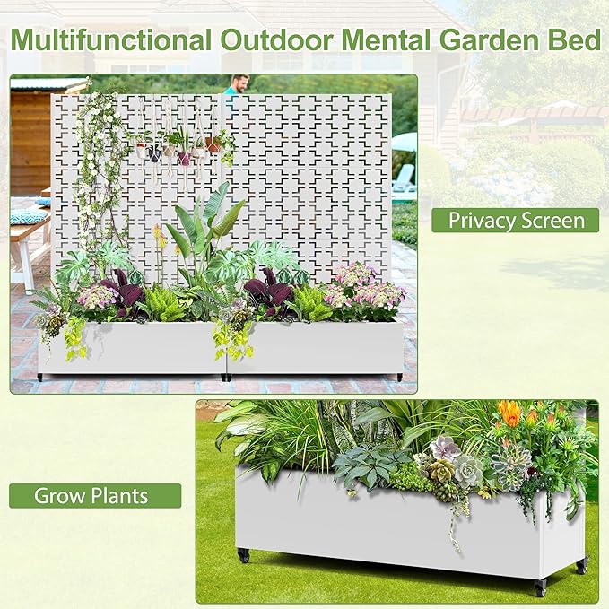 Raised Garden Bed with Trellis and Wheels73x47x16 Metal Raised Garden BedWhite Squared Metal Planter with Climbing Trellis for Vines &amp Vegetables