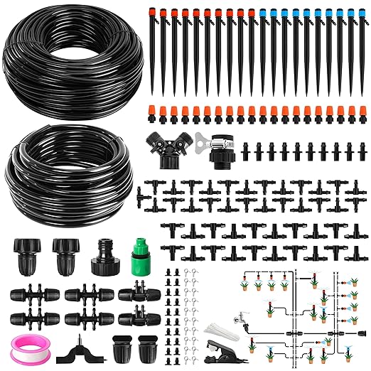 240FT DIY Automatic Drip Irrigation System Kits for Garden Plant Watering Misting System for Greenhouse Patio Lawn with Adjustable Drip Emitters 5/16 and 1/4 Irrigation Tubing Connectors Fittings