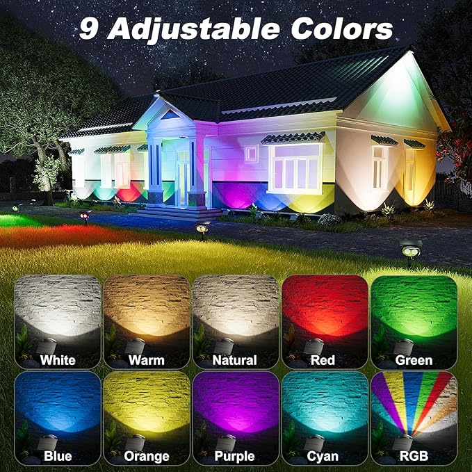 Solar Spot Lights Outdoor Waterproof IP68 1000LM Super Bright LED Landscape Lighting with 9 Colors 3 Brightness Fixable Colors for Yard Pathway Garden House Lawn (2 Pack)