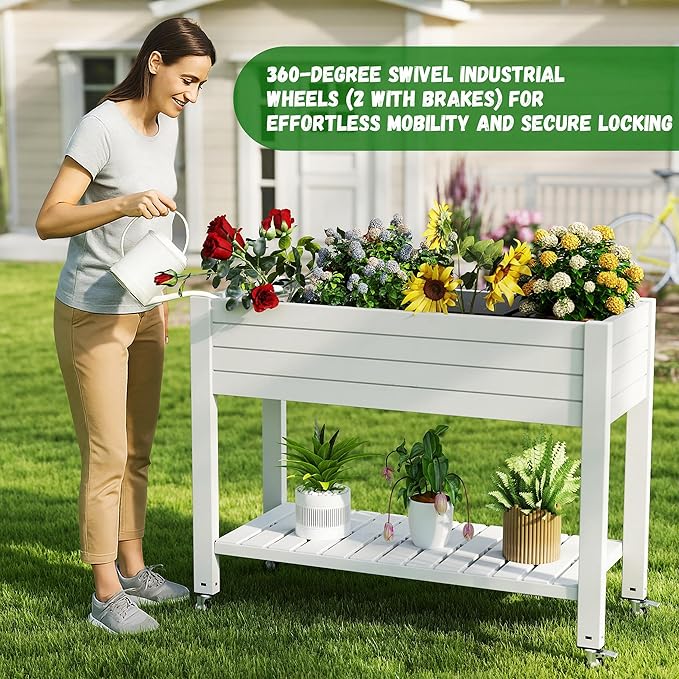 21 Gallon Raised Garden Bed with Legs and Wheels Self-Watering Raised Planter Box with Drainage Plug and Gauge Lower Shelf for Tools and Accessories Dust-Proof Resin for Patio and Backyard