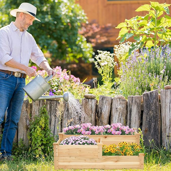 HAPPYGRILL 3-Tier Raised Garden Bed Wood Elevated Flower Box with Open-Ended Base &amp Plug-in Connector Outdoor Planter Raised Beds for Vegetables Herbs &amp Fruits