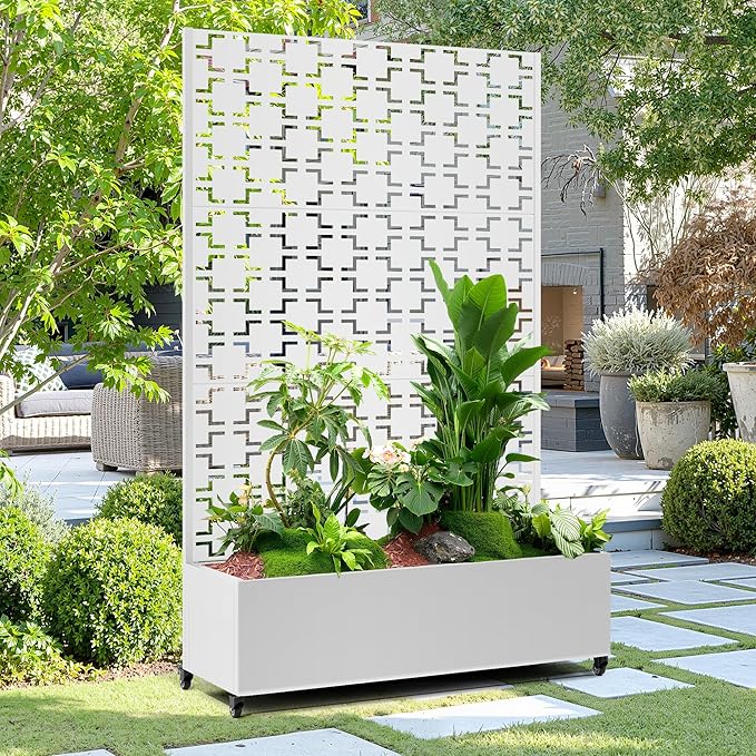 15.7×70.9×47.2 Metal Raised Garden Bed with Trellis and Wheels - Tall Trellis Planter Box for Climbing Plants Vegetables &amp Vines - Outdoor Privacy Planters for Patio (White-Square)