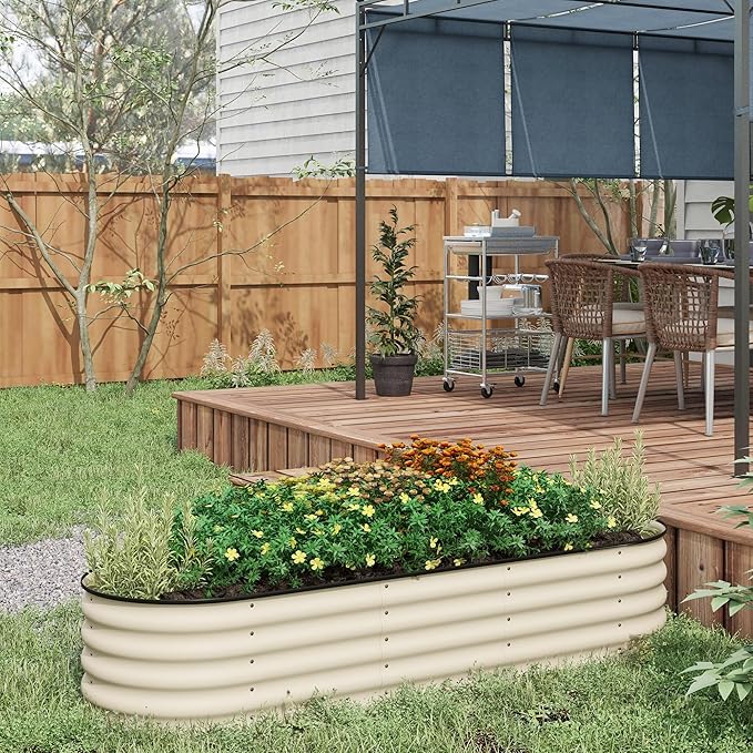 6.5' x 2' x 1.4' Galvanized Raised Garden Bed Kit Outdoor Metal Elevated Planter Box with Safety Edging Easy DIY Stock Tank for Growing Flowers Herbs Vegetables Cream
