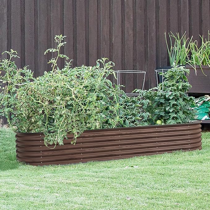 VEIKOU 8X2FT Wood Grain Raised Garden Bed 17’’H Metal Galvanized Raised Garden Bed with Bottomless Design 9 in 1 Raised Garden Bed Kit Modular Raised Planter Box for Plants Rustic