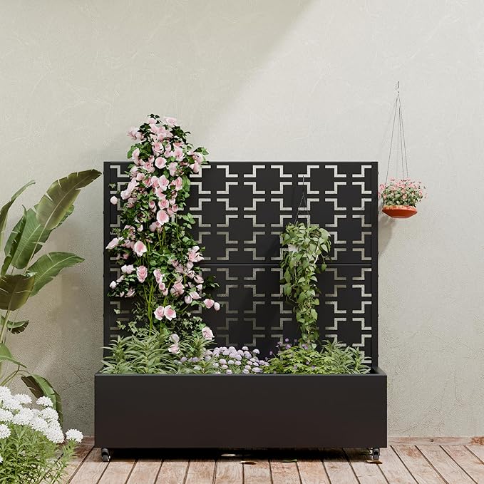 Casaphoria Metal Raised Garden Bed with Trellis and Wheels 47x47x16 Planter Box for Climbing Plants Vegetables &amp Vines Features Drainage Holes and Privacy Screen (Black-Square)