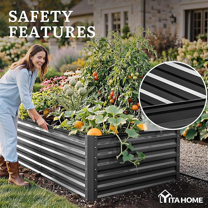 YITAHOME 96x48x24 in Galvanized Raised Garden Bed Kit Large Metal Planter Box with Gloves Safety Rubber &amp Support Rod Outdoor Flower Bed for Plants Vegetables Black