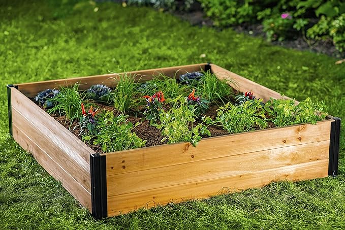 Vita Mezza 4 Foot x 4 Foot x 11 inch Cedar Wood Modular Garden Bed with Black Aluminum Posts FSC Woodgrain Golden Brown Pre-Stained VT17703