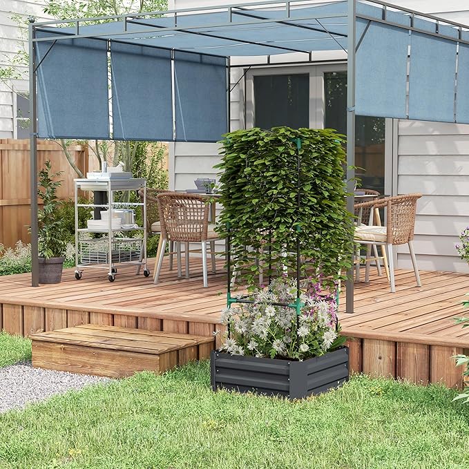 Outsunny Galvanized Raised Garden Bed 55 Tall Outdoor Planter Box with Trellis Tomato Cage and Open Bottom for Climbing Vines Vegetables Flowers in Backyard Garden Patio Dark Gray