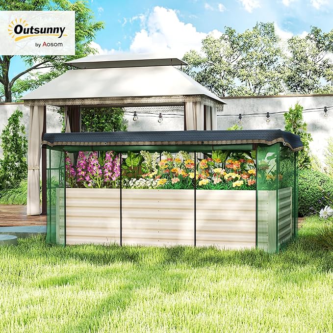 Outsunny 7.3 x 3.4 x 2 ft Galvanized Raised Garden Bed with Crop Cage Plant Protection Net and Shade Cloth Roof Metal Planter Box with Cover for Vegetables Flowers Herbs Beige