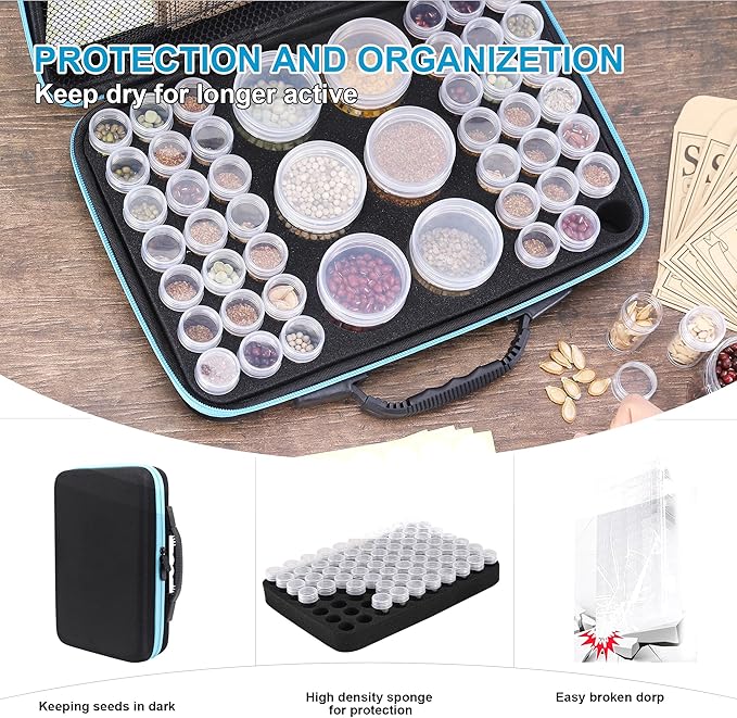 48 Slots Seed Storage Organizer Box Garden Vegetable Plant Flower Seeds Saving kit with Write Label Funnel Tweezer 2 Sizes Storage Bottles