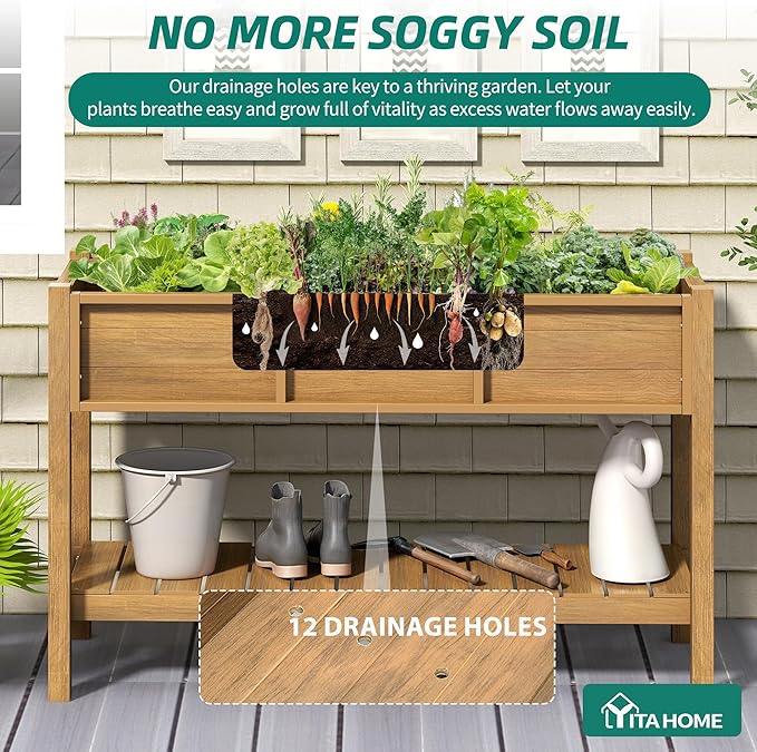 YITAHOME Raised Garden Bed Outdoor HDPE with Shelf 48x18x30in Poly-Wood Weather-Resistant Elevated Planter Box with Legs for Vegetable Flower Herb Garden Bed for Backyard Balcony Garden Brown
