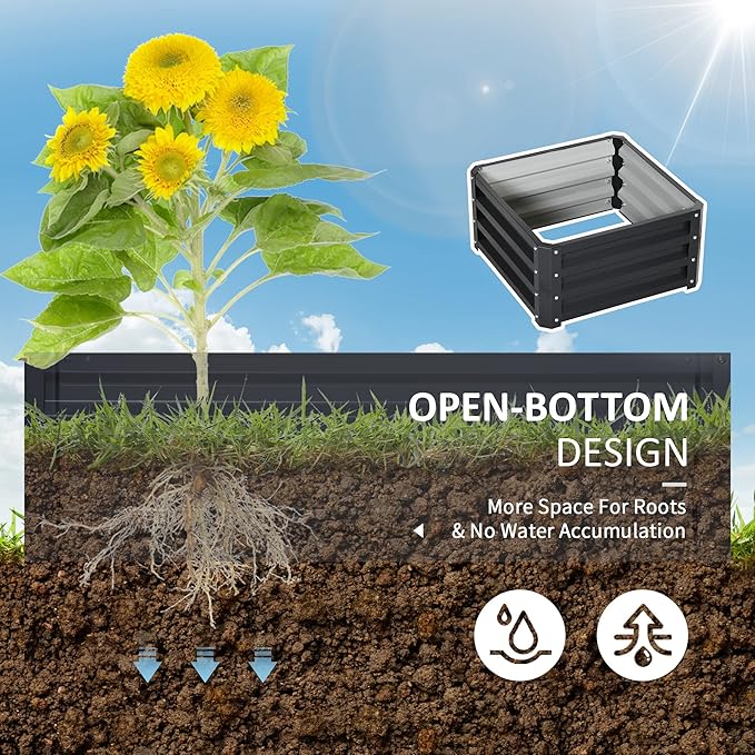 Outsunny 2 Piece Galvanized Raised Garden Bed 2' x 2' x 1' Metal Planter Box for Growing Vegetables Flowers Herbs Succulents Dark Gray