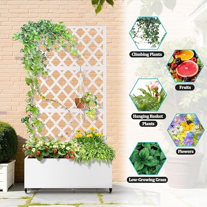 Metal Planter Box with Trellis Planter Box with Privacy Screen Privacy Trellis Outdoor for Climbing Plants with Drainage Holes Raised Garden Bed with Wheels